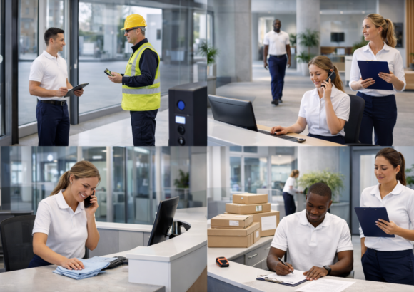 Personal de servicios auxiliares realizando control de accesos, atención en recepción, gestión de paquetería y apoyo administrativo en un edificio de oficinas en Madrid