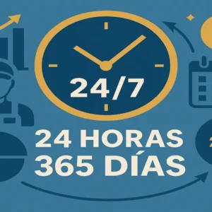 Ilustración corporativa en tonos azules y dorados con reloj y texto 24 horas, 7 días a la semana, 365 días al año, que representa el servicio continuo y la eficiencia de Emsal Servicios.