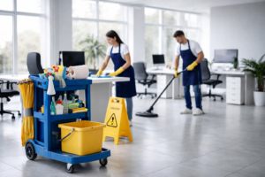 Equipo de limpieza realizando mantenimiento profesional en oficina moderna de Madrid Centro con carro de limpieza y uniformes azul marino.